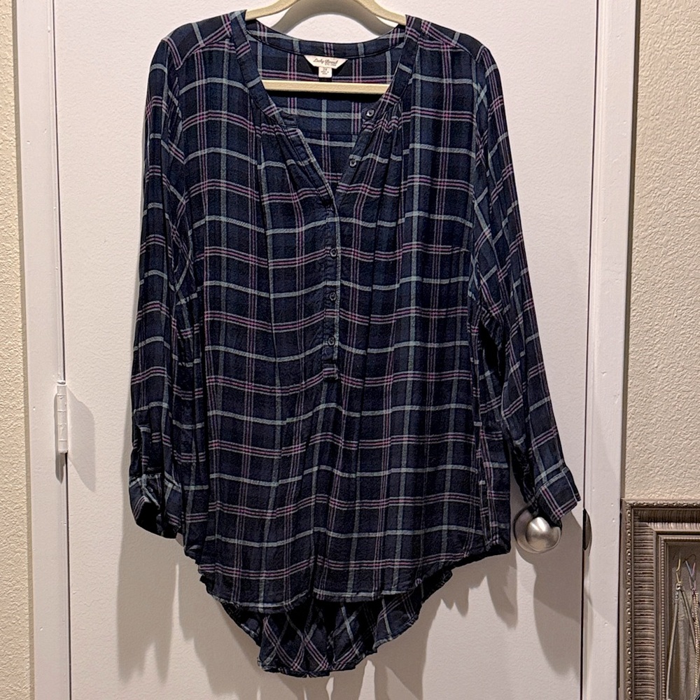 Lucky Brand Navy and Pink Plaid Blouse